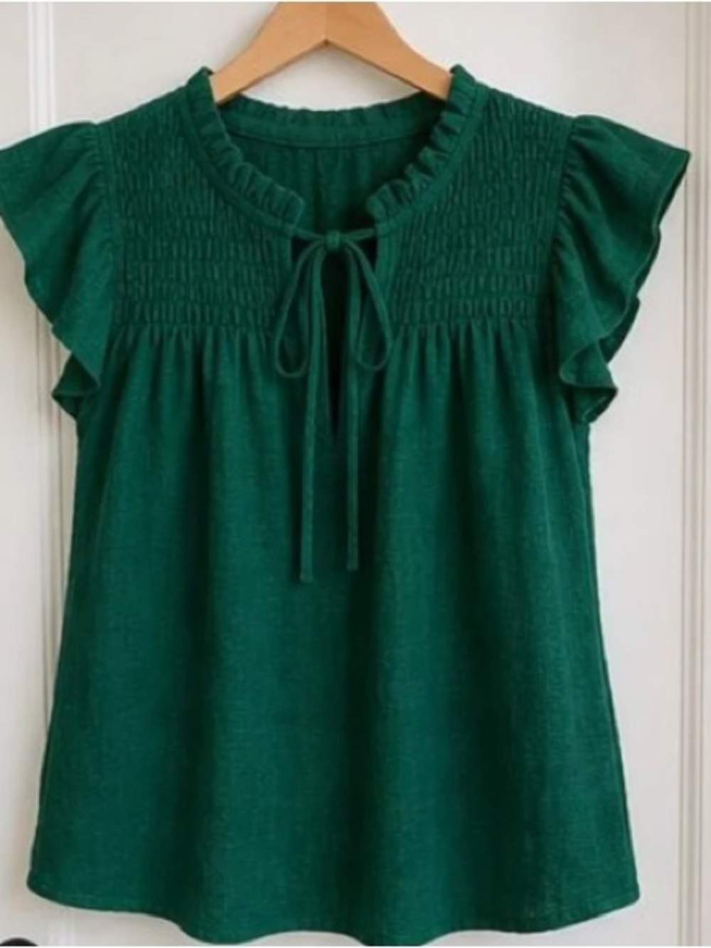 Women's Green Ruffle Sleeve Tie-Neck Top